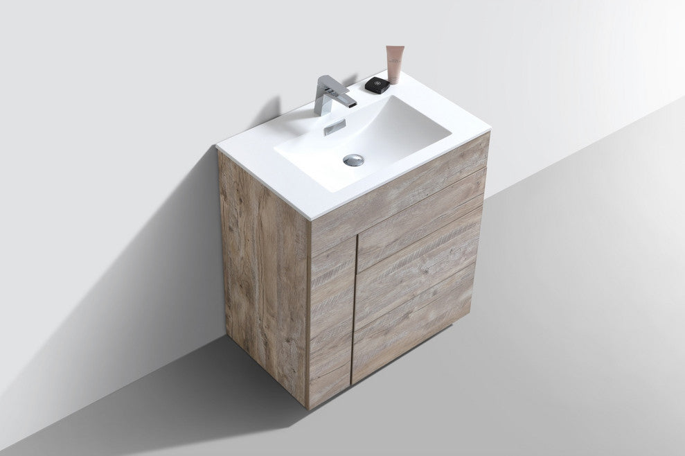 Milano 30" High Glossy Bathroom Vanity, High Gloss White, Nature Wood