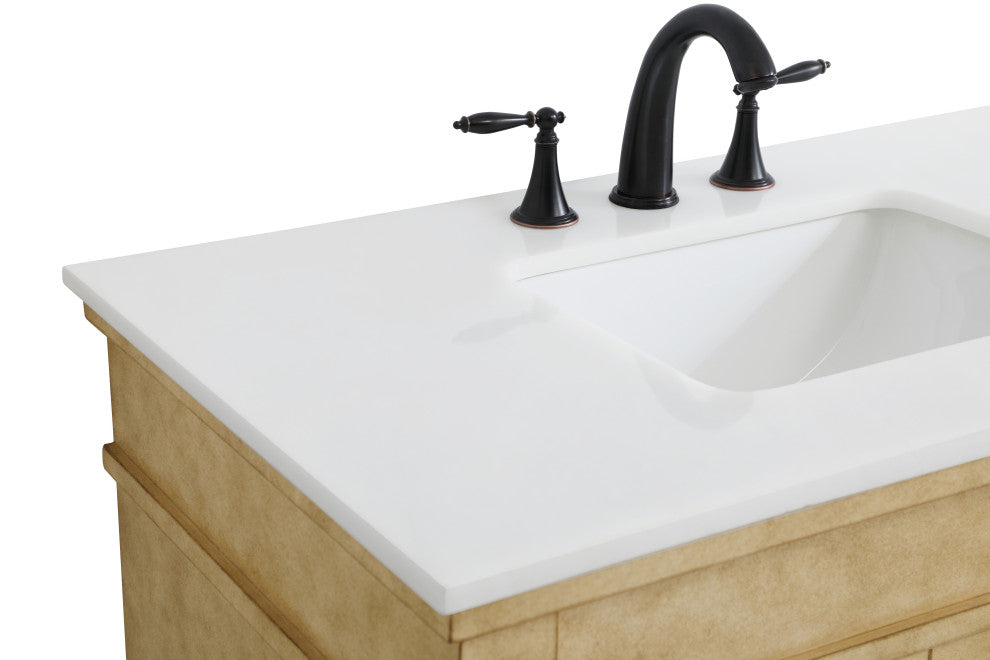 36" Single Bathroom Vanity, Antique Beige With Ivory White Engineered Marble