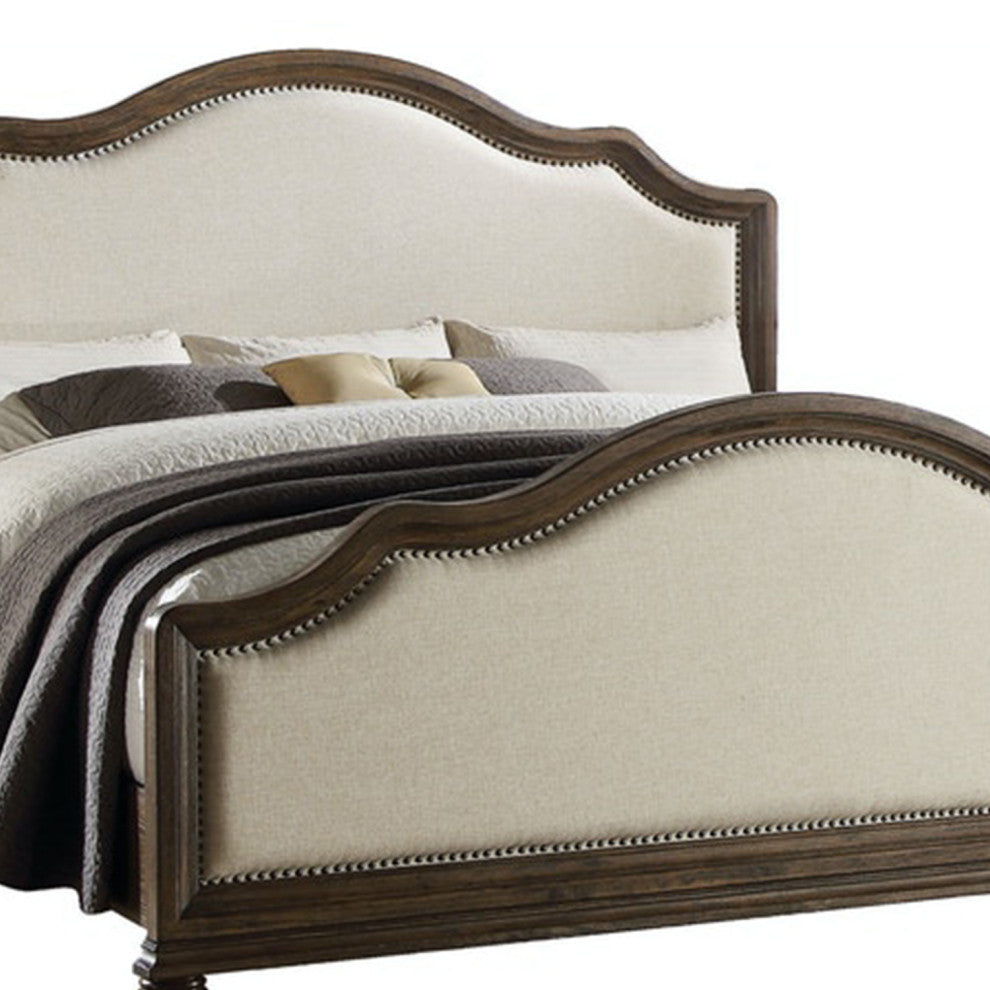 88"x66"x59" Beige Linen And Weathered Oak Queen Bed