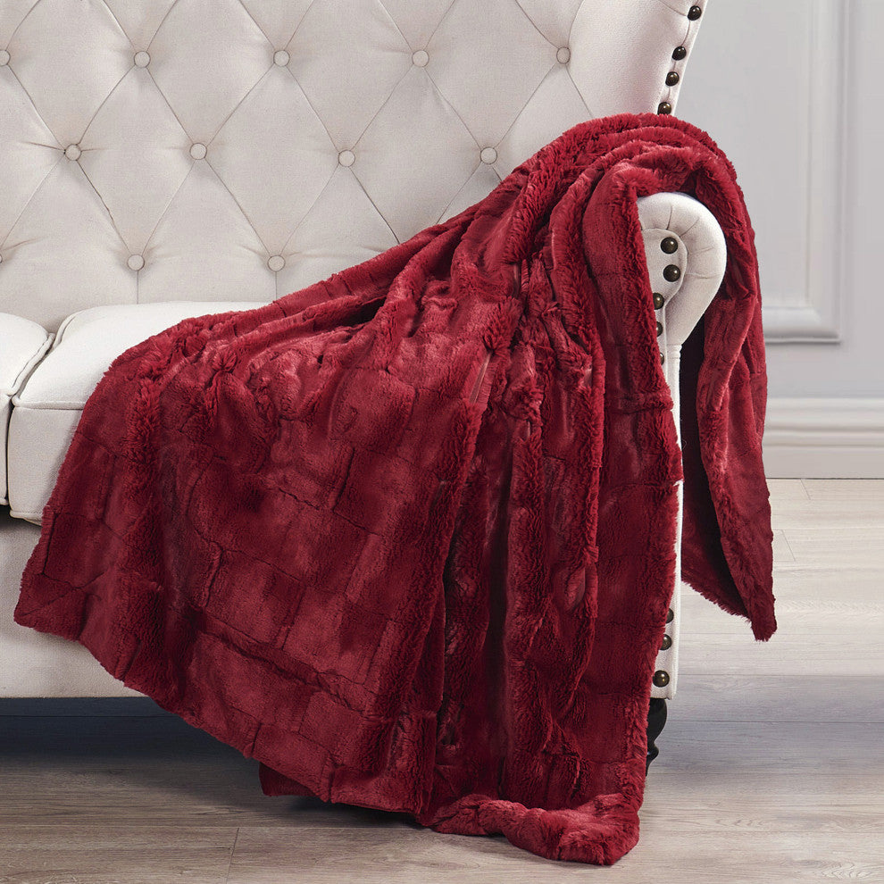 Kasaya Jacquard Supersoft Faux Fur Throw Blanket, Garnet, 50" X 60"
