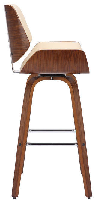 Tyler 30" Bar Height Swivel Cream Faux Leather and Walnut Wood Bar Stool