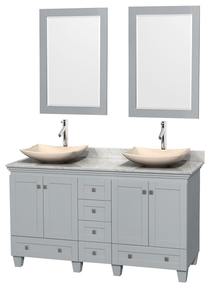 Acclaim Oyster Gray DBL Vanity 24" Mirrors 60" White Carrera Marble, Ivory Marbl
