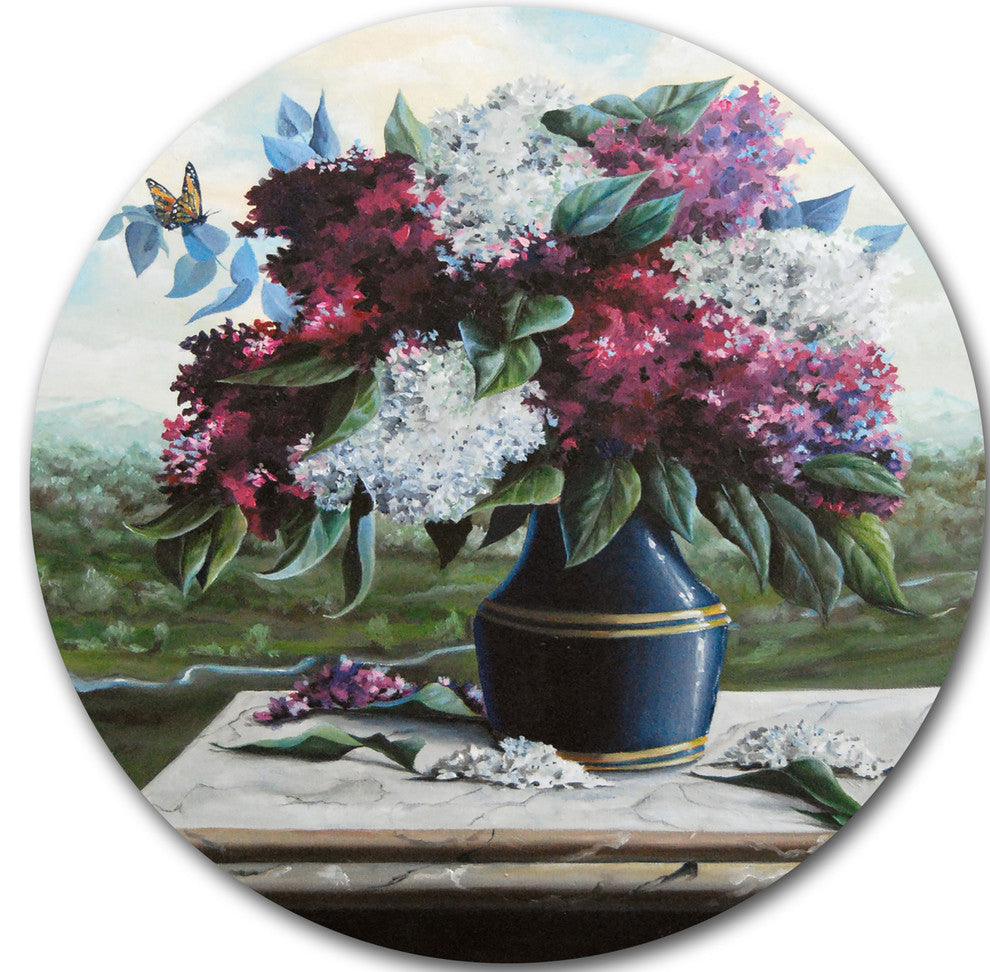 Lilac In Blue Jug, Floral Digital Art Round Wall Art, 23"