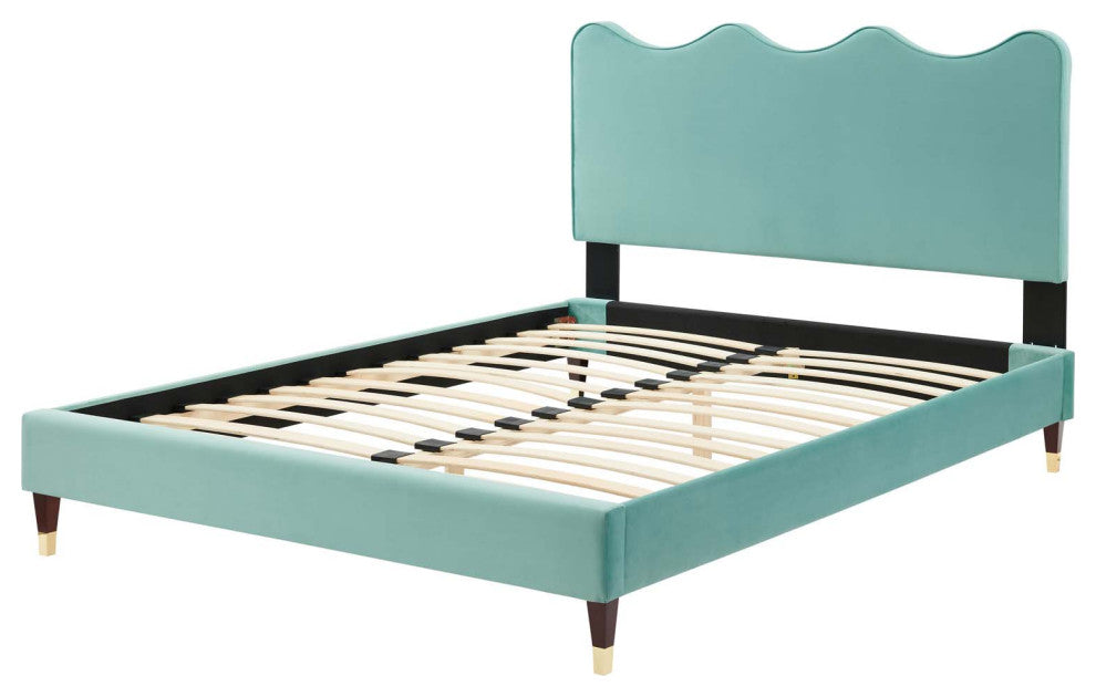 Platform Bed Frame, King Size, Blue, Velvet, Modern, Bedroom Master Guest Suite