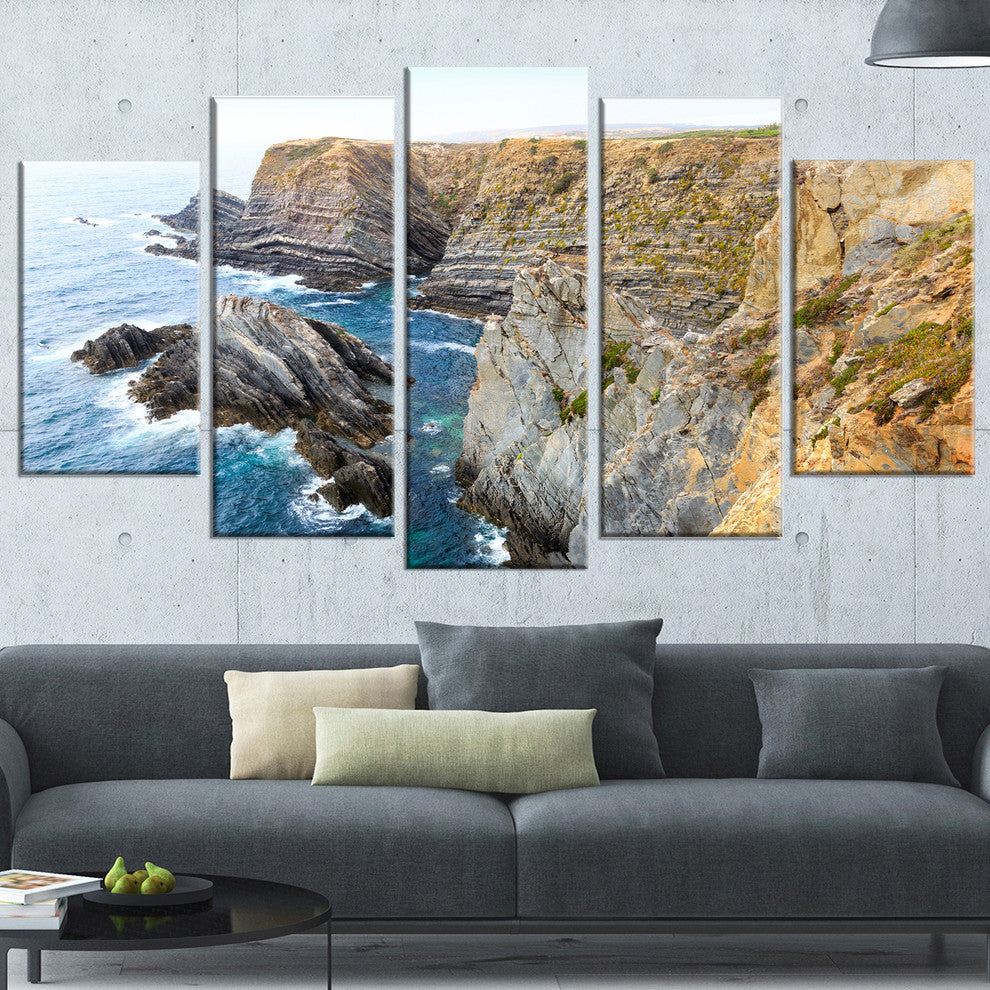 "Blue Rocky Bay Portugal" Panorama Seashore Wall Art, 60"x32", 5-Panels