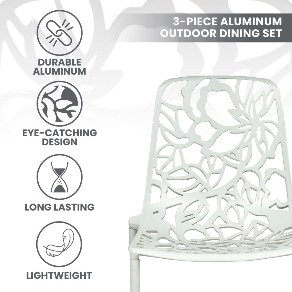 LeisureMod Devon Outdoor Dining Set with Glass Table and 2 Chairs, White