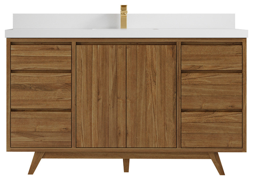 Madison Teak 60 Single Bathroom Vanity in Dark Natural 2" White Quartz