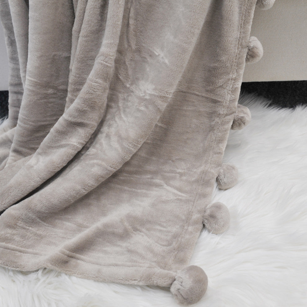 Pom Pom Flannel Fleece Throw Blanket, Light Grey, 50" X 60"