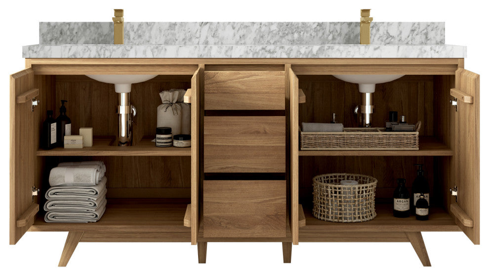 Madison Teak 72 Double Sink Bath Vanity in Light Natural 2" Carrara Marble
