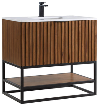 Terra Bathroom Vanity, Walnut/Matte Black With White Quartz, 36", White Quartz Top