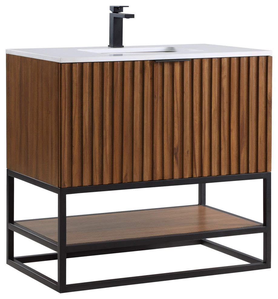 Terra Bathroom Vanity, Walnut/Matte Black With White Quartz, 36", White Quartz Top