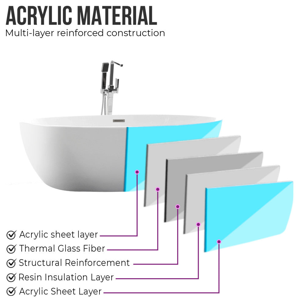 59"x32" Acrylic Freestanding Soaking Bathtub, White/Classic Chrome