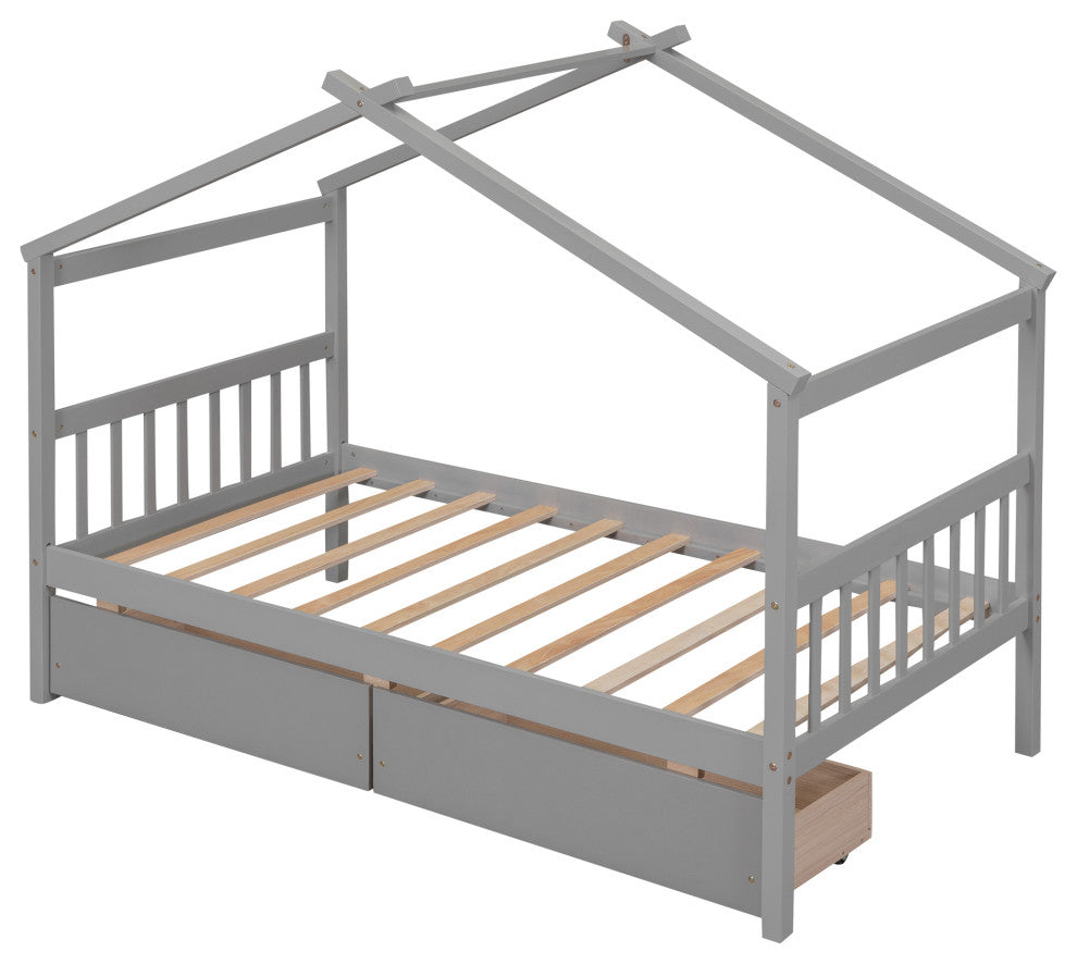 Gewnee Twin Size Wooden House Bed with Drawers, Gray