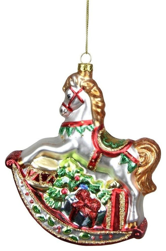 5.25" Glittered Rocking Horse With Gifts Glass Christmas Ornament