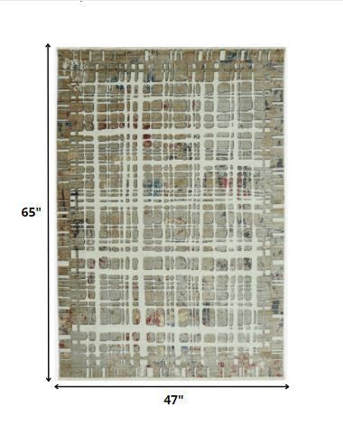 4"x6" Ivory Khaki Distressed Plaid Area Rug