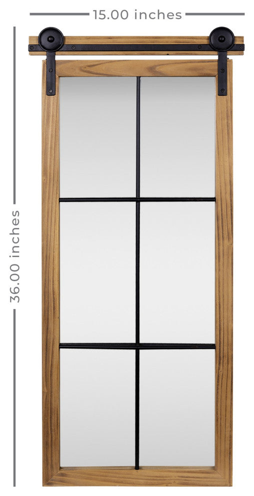 Farmhouse Style Brown Wooden Window Pane Wall Mirror