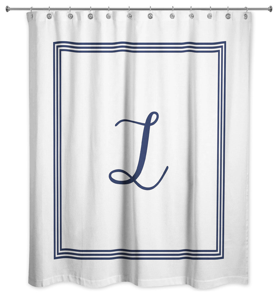 Navy and White Monogrammed Shower Curtain, L