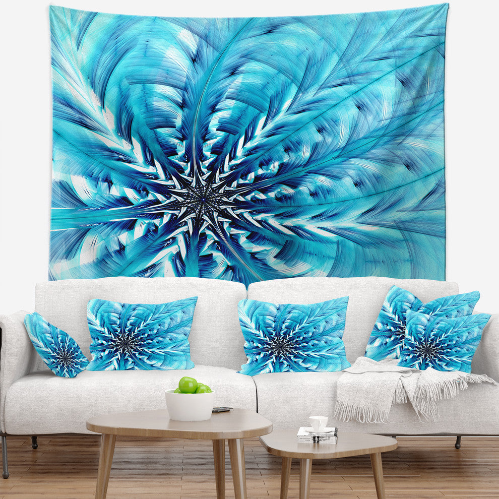 Light Blue Fractal Flower Pattern Abstract Wall Tapestry, 80"x68"