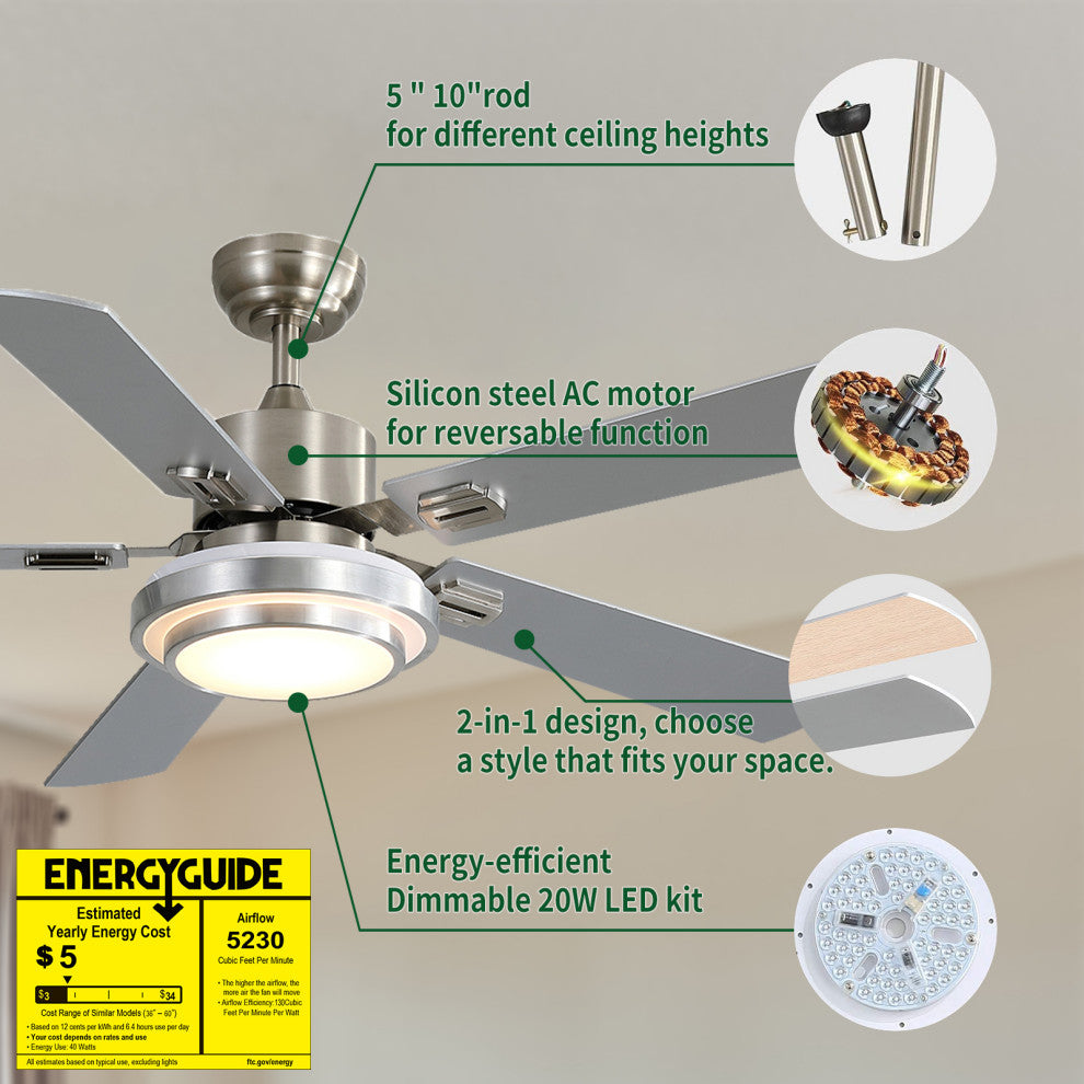52" Ceiling Fan  Lights and Remote Control, Reversible Blades, Brushed Nickel