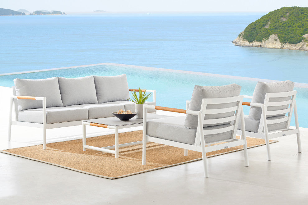 Crown 4-Piece White Aluminum and Teak Outdoor Seating Set