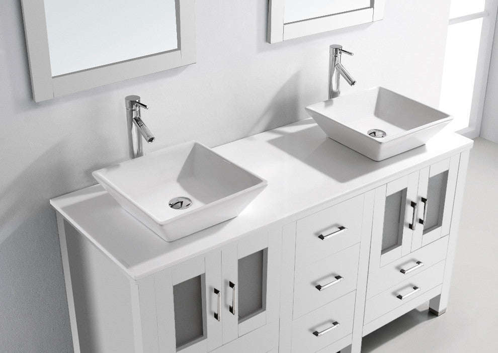 Bradford 60" Double Bathroom Vanity Set, White, Stone Top, Brushed Nickel