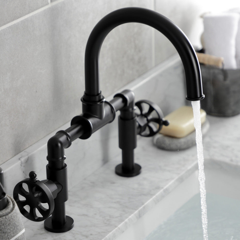 Belknap Style Wheel Handle Bridge Bathroom Faucet With Pop-Up Drain, Matte Black