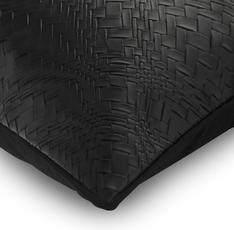 Textured Black Faux Leather & Suede 16"x16" Pillow Cover, Black Diamond