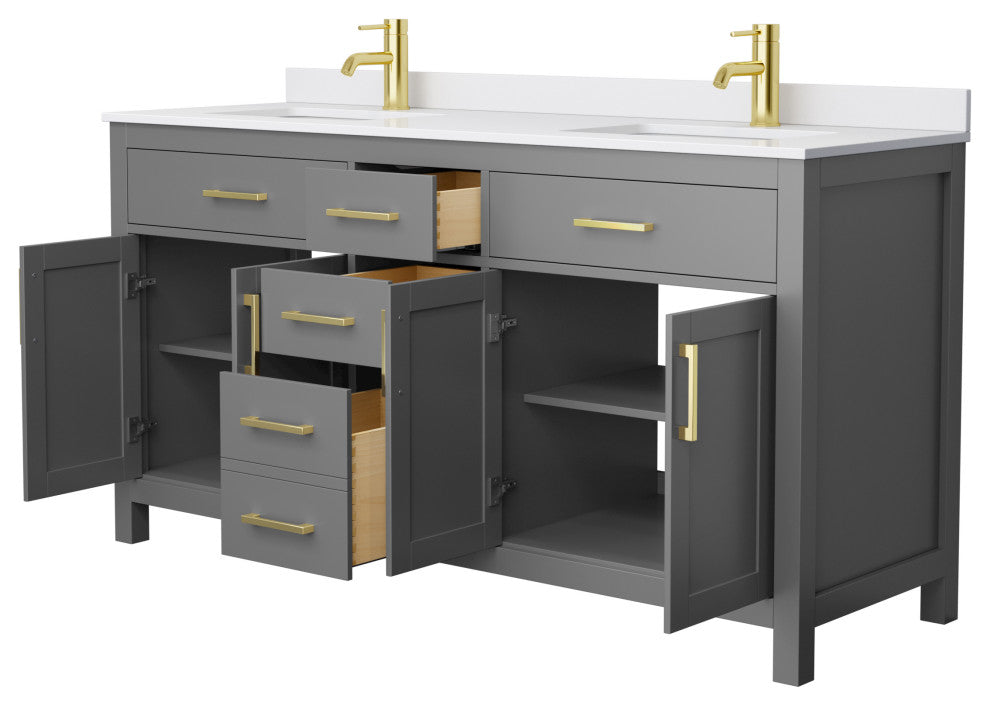 66"DBL Bathroom Vanity Dark Gray, White Cult.Marble Countertop, Sinks, Gold Trim