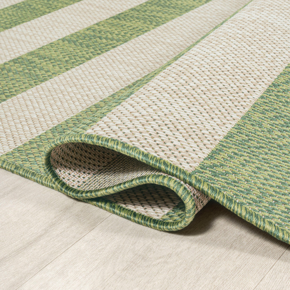 Negril Two-Tone Wide Stripe Indoor/Outdoor Area Rug, Green/Cream, 8x10