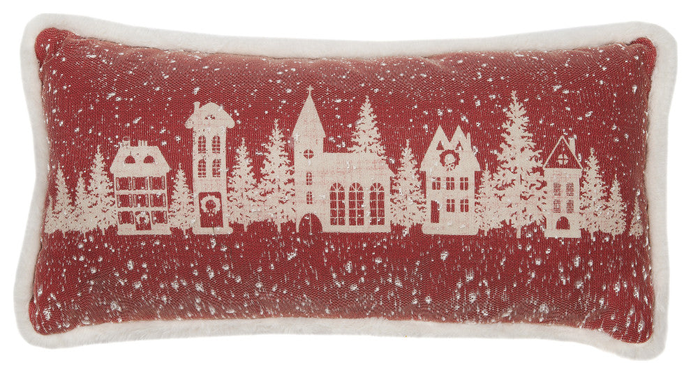 Snow Scene Printed Street View Christmas Pillow With Faux Fur Trim, 10"x20"