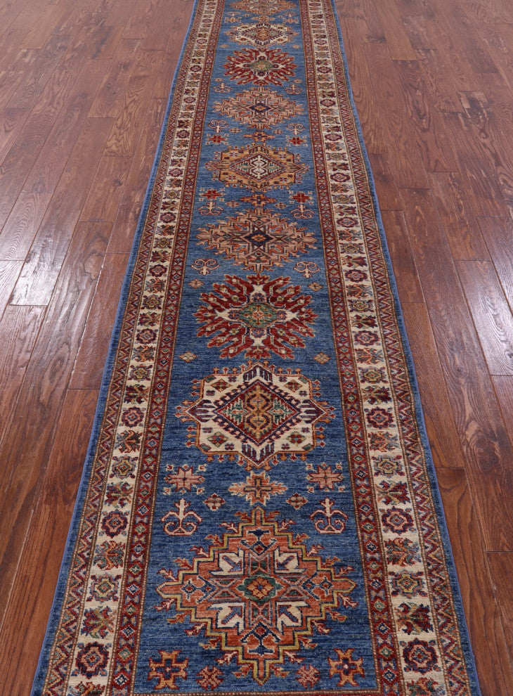 2' 9" X 13' 5" Super Kazak Geometric Handmade Wool Runner Rug - Q12998