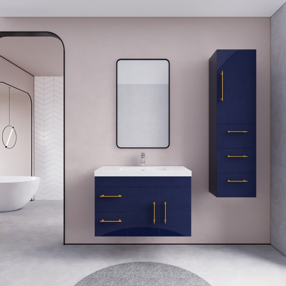 Rosa 36" Wall Mounted Modern Vanity, High Gloss Night Blue, Glossy White Top