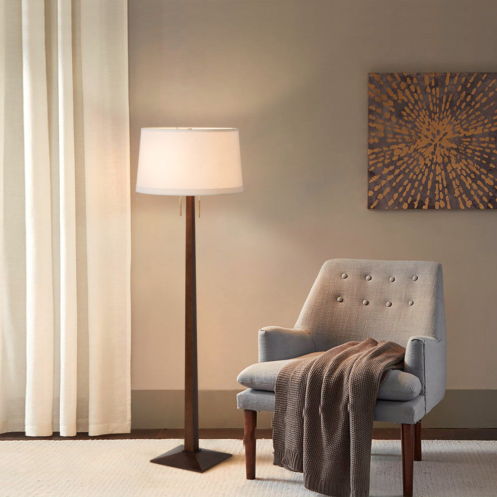 Taper Floor Lamp Dark Walnut Wood Finish, Weather Brass, White Shade, Dimmer