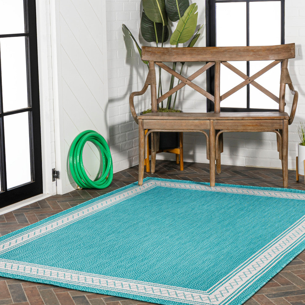 Lucia Classic Diamond Border Indoor/Outdoor Area Rug, Aqua/Light Gray, 8x10