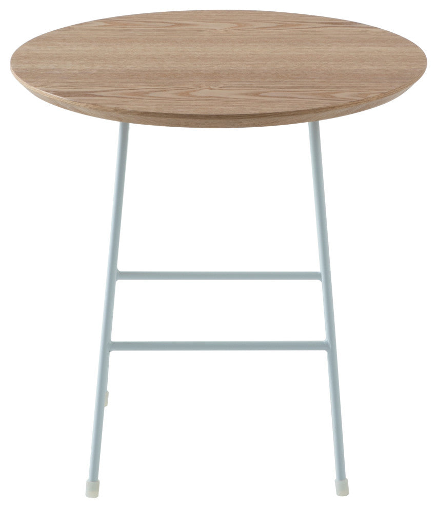 LeisureMod Rossmore Modern Round Side Table With White Steel Frame, Natural Wood