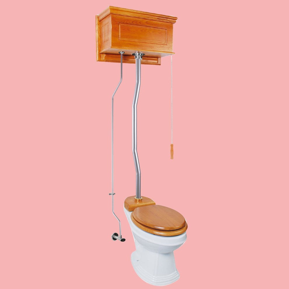 Light Oak Raised High Tank Pull Chain Toilet Elongated Bowl Renovators Suppy