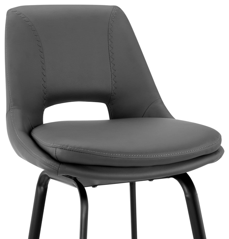 26" Elegant Gray Faux Leather and Black Metal Armless Swivel Counter Stool