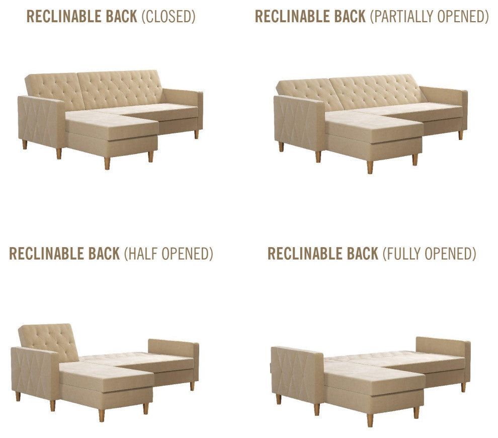 Unique Sectional Futon Sofa, Reversible Design With Diamond Tufting, Ivory
