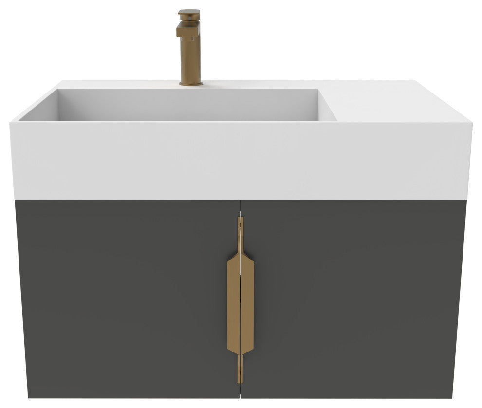 CastelloUSA Amazon 30" Left Wall Mounted Bathroom Vanity Set, Black, White Top, Gold Handles