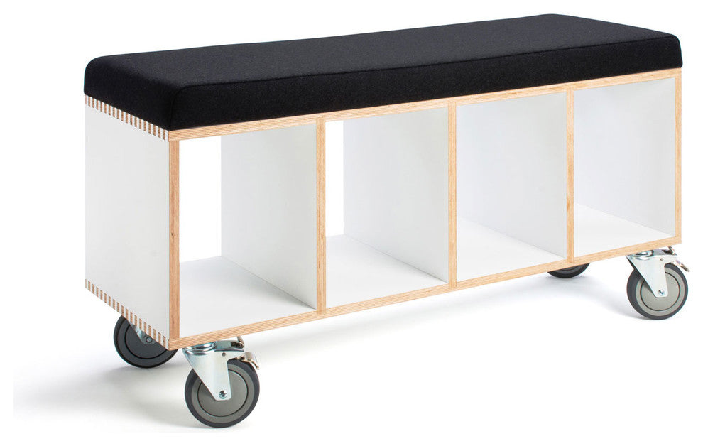 Modern Wood Bench On Casters, Padded Top, White with Gray Top