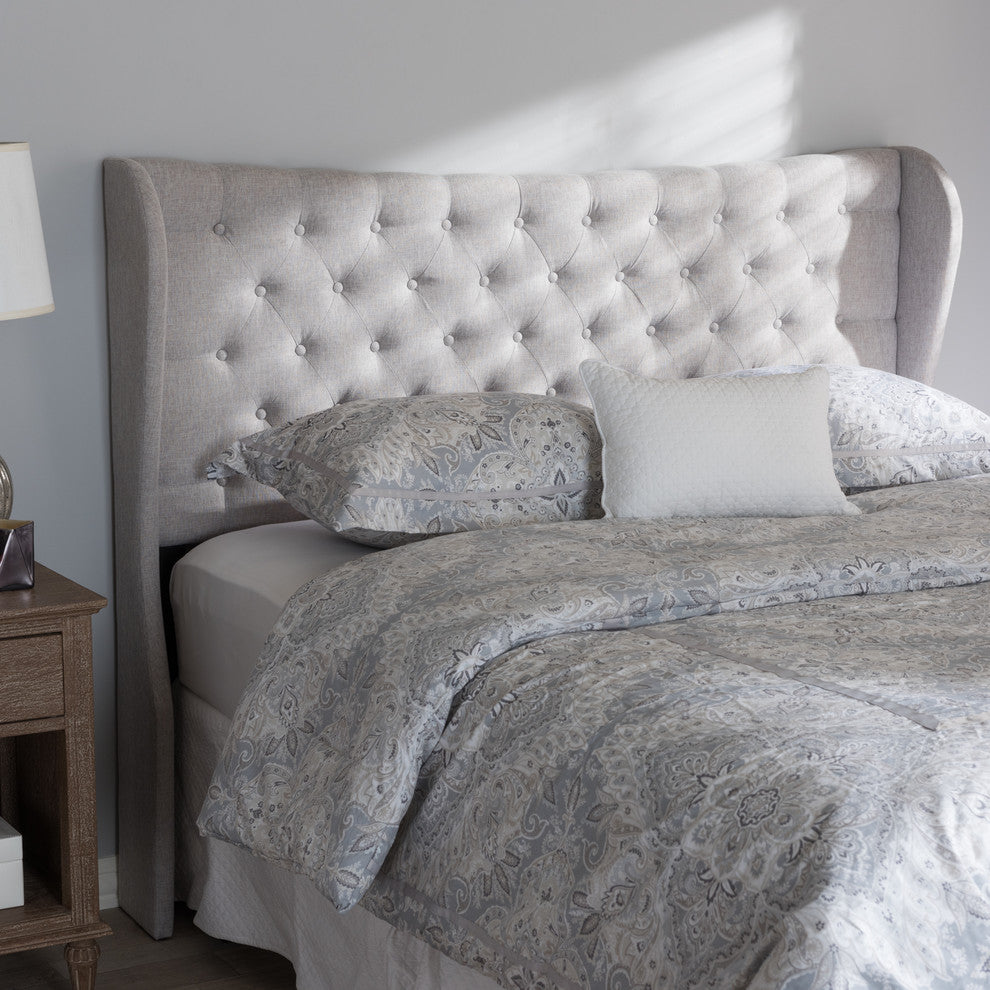 Cadence Modern Grayish Beige Fabric Button-Tufted King Size Winged Headboard
