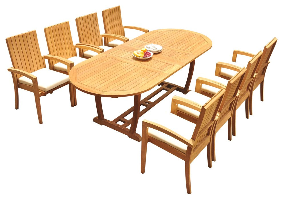 9-Piece Outdoor Teak Dining Set: 94" Masc Oval Table, 8 Goa Stacking Arm Chairs