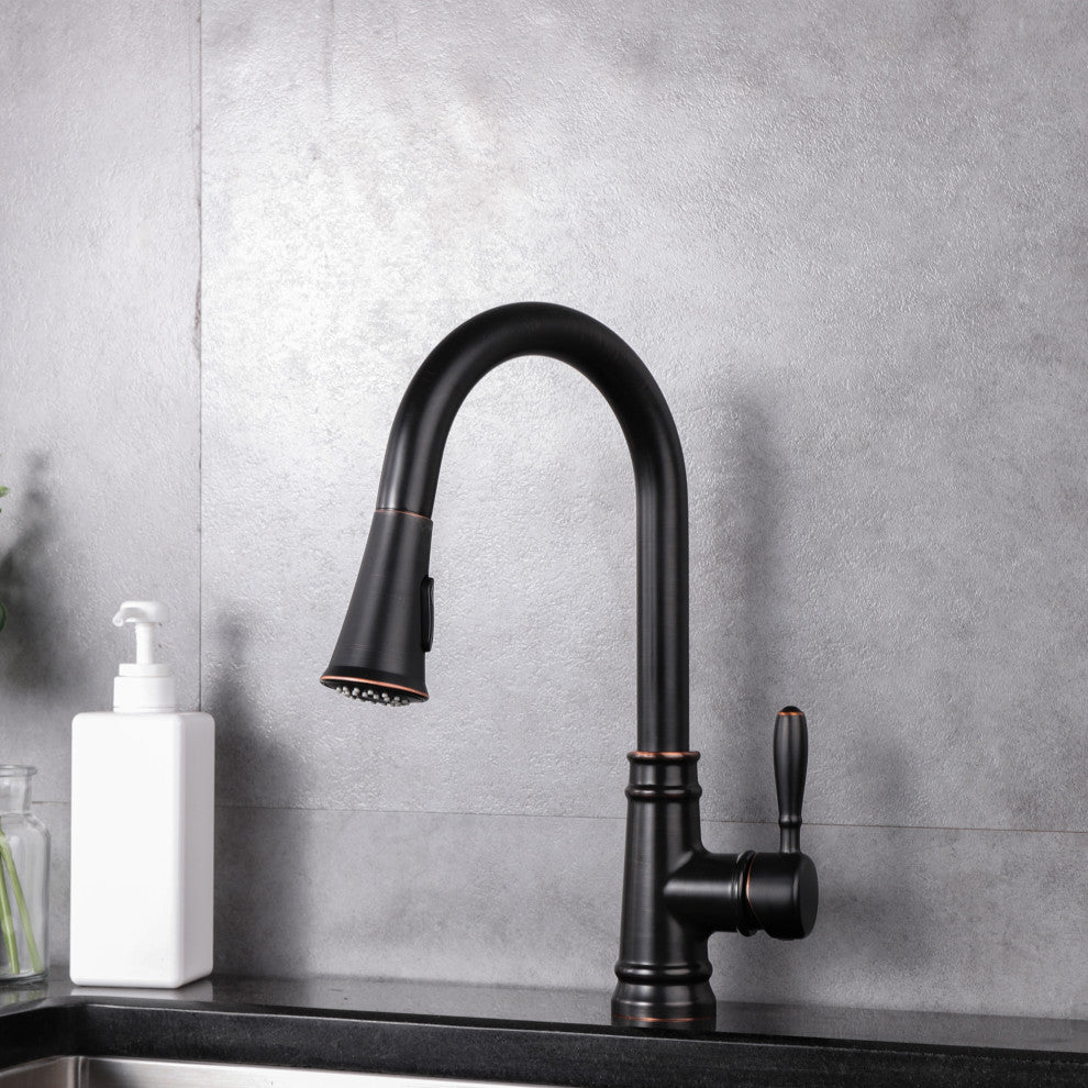 Single Handle High Arc Pull Out Kitchen Faucet in Oil Rubbed Bronze Finish