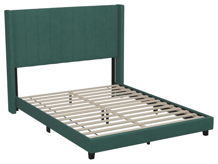Bianca Upholstered Platform Bed w/Vertical Stitched Wingback Headboard, Emerald Velvet, Queen