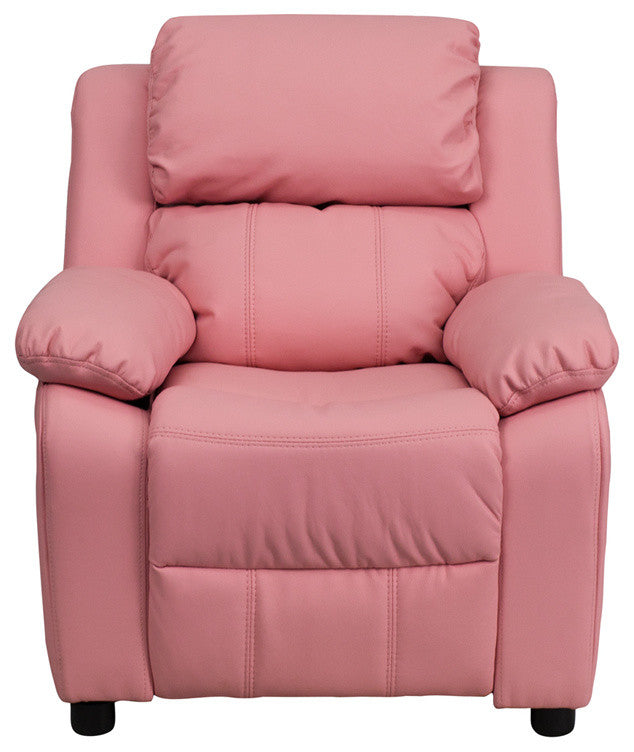 Deluxe Padded Contemporary Pink Vinyl Kids Recliner With Storage Arms