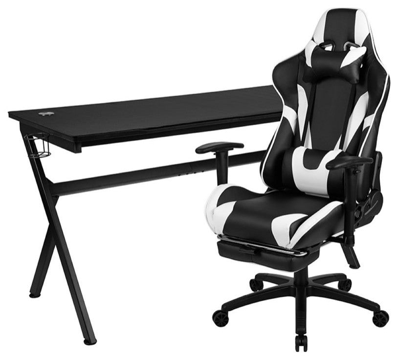 Gaming Desk and Black Footrest Reclining Chair Set