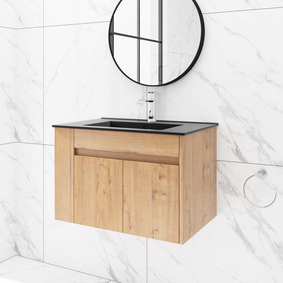 30 inch Wood Wall-Mounted Bathroom Vanity Set with Integrated Resin Sink, Imitative Oakï¼Œblack