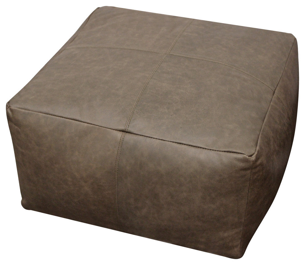 Java Pouf Upholstered, Genuine Leather, Gray and Contrast Stitching