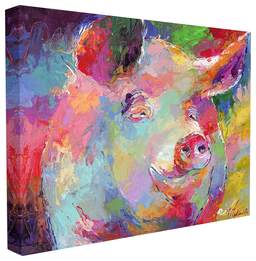 Brightly Colored Rainbow Painted Smiling Pig Portrait Stretched Canvas, 30"x40"