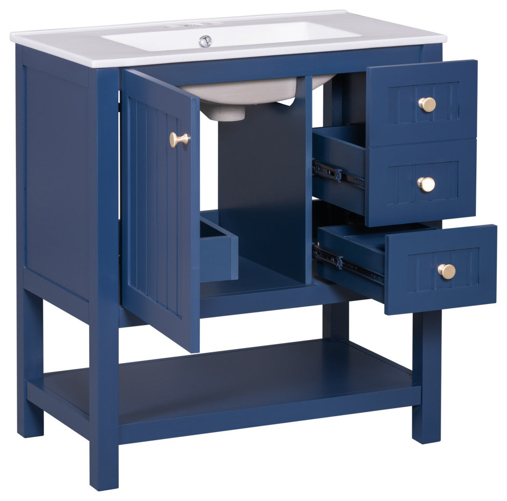 30 Inch Transitional Style Bathroom Vanity Cabinet Combo with Ceramic Sink, Blue